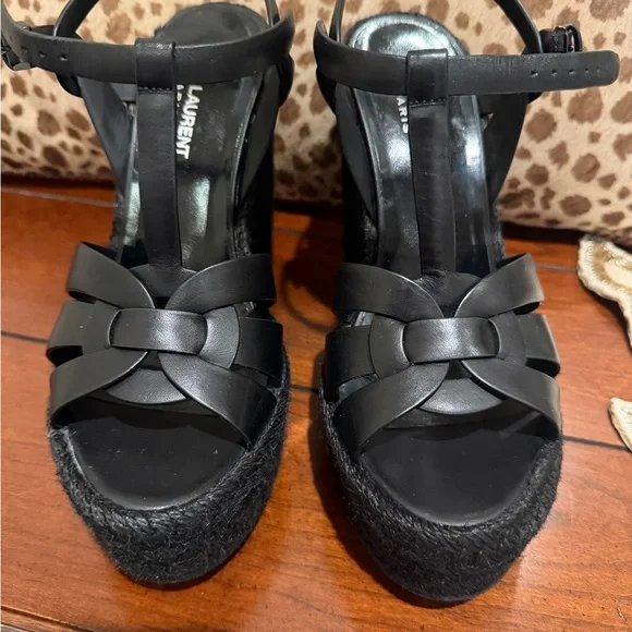 Saint Laurent Women's Tribute Espadrilles Wedge Sandals Black size 37 - Picture 2 of 12